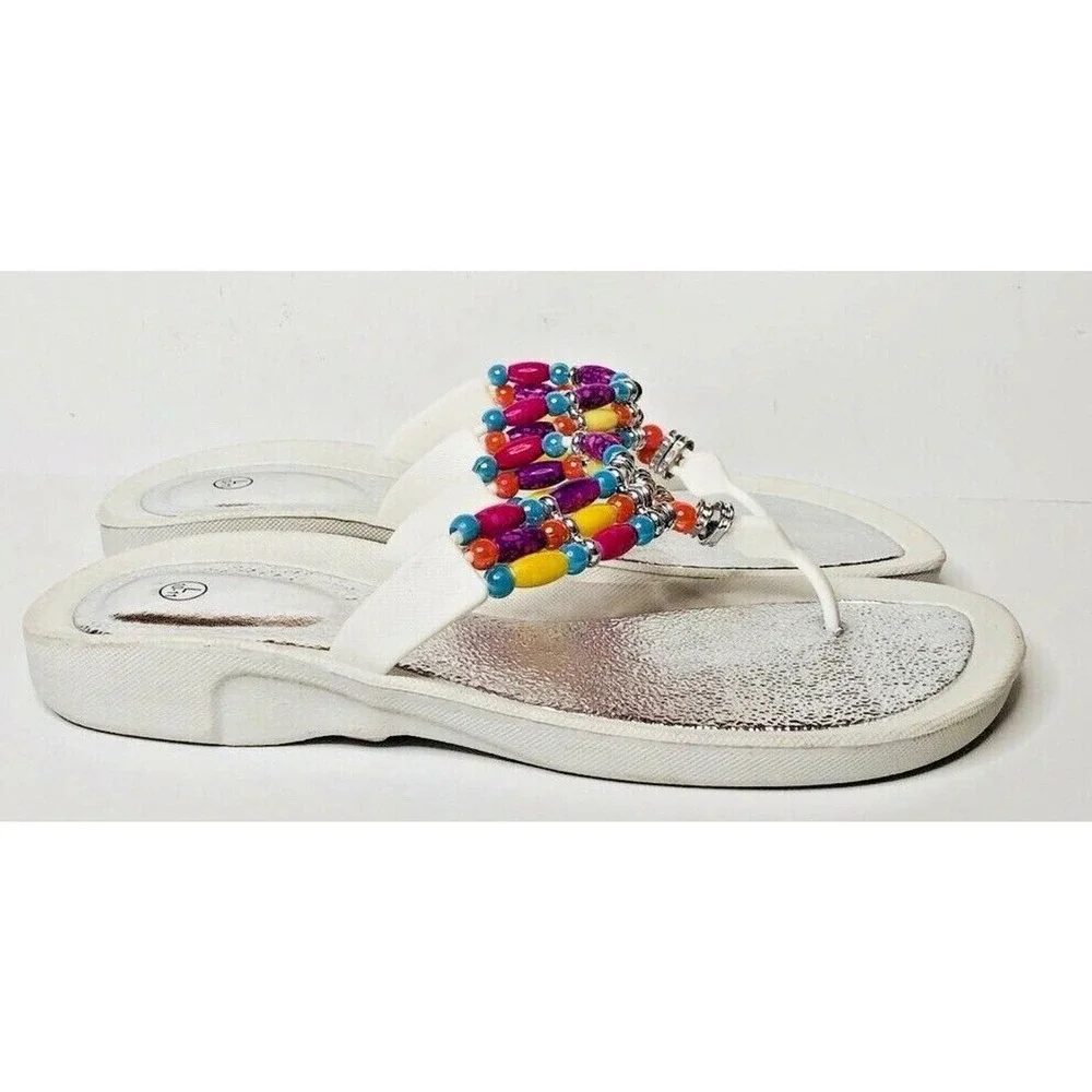 Womens White Rubber Colorful Beaded Thong Waterproof Flip‎ Flop Sandals L 10/11